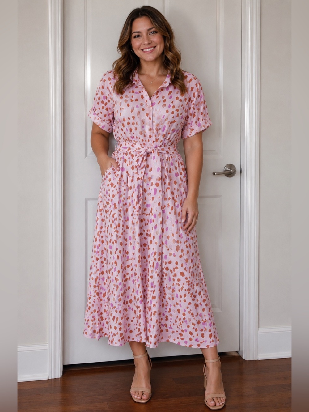 ELoquii Pink Printed Button-Front Midi Dress with Tie Waist size 16